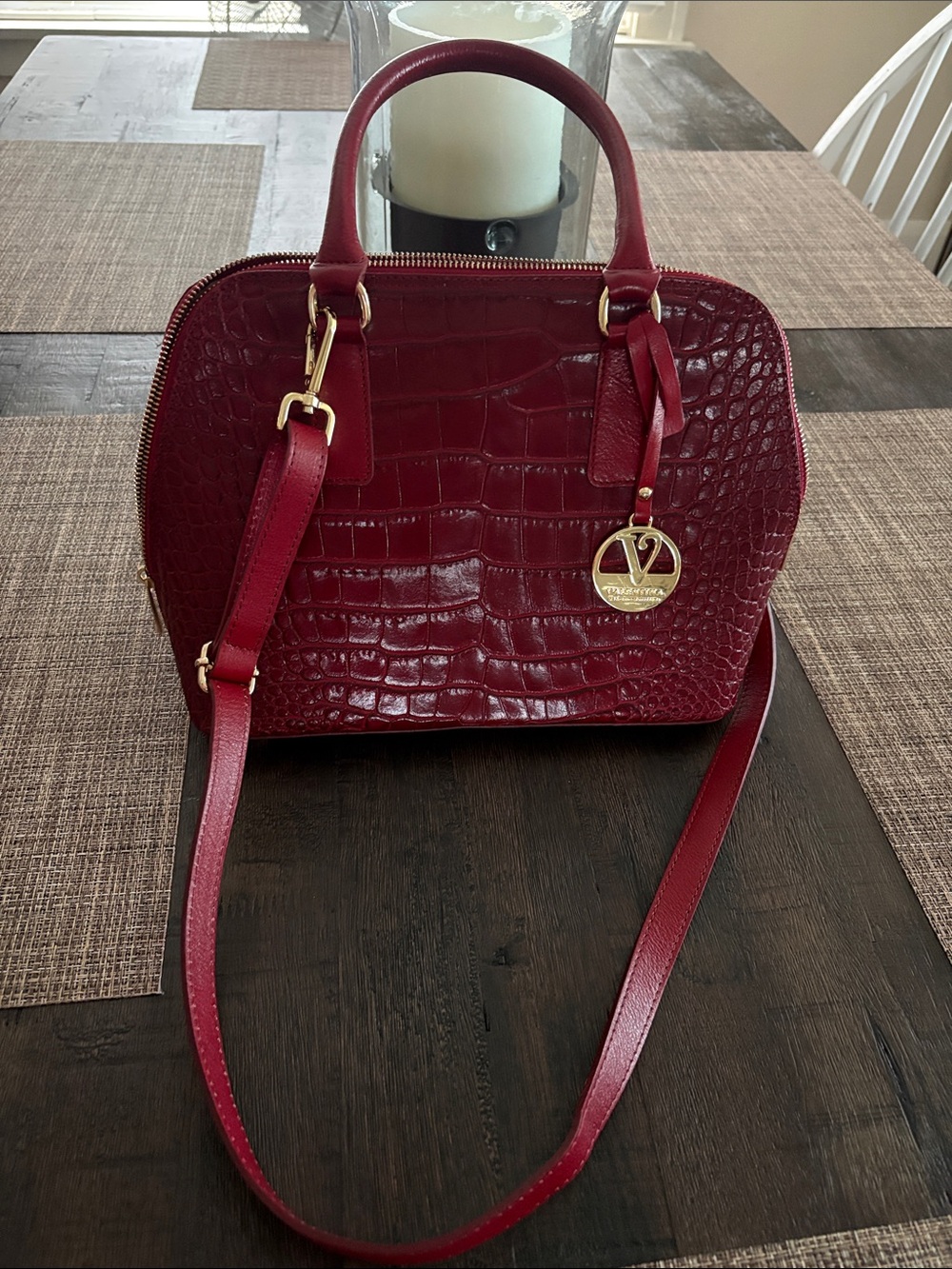 Valentina Croc-Embossed Satchel in Burgundy Red with Gold Hardware
